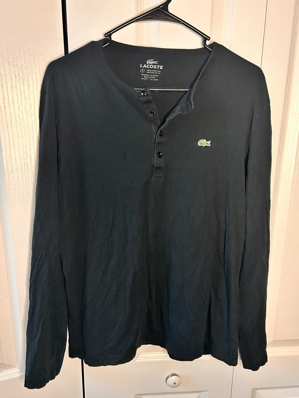 Lacoste Men’s Small Black Long Sleeve Henley Shirt Cotton Casual Logo